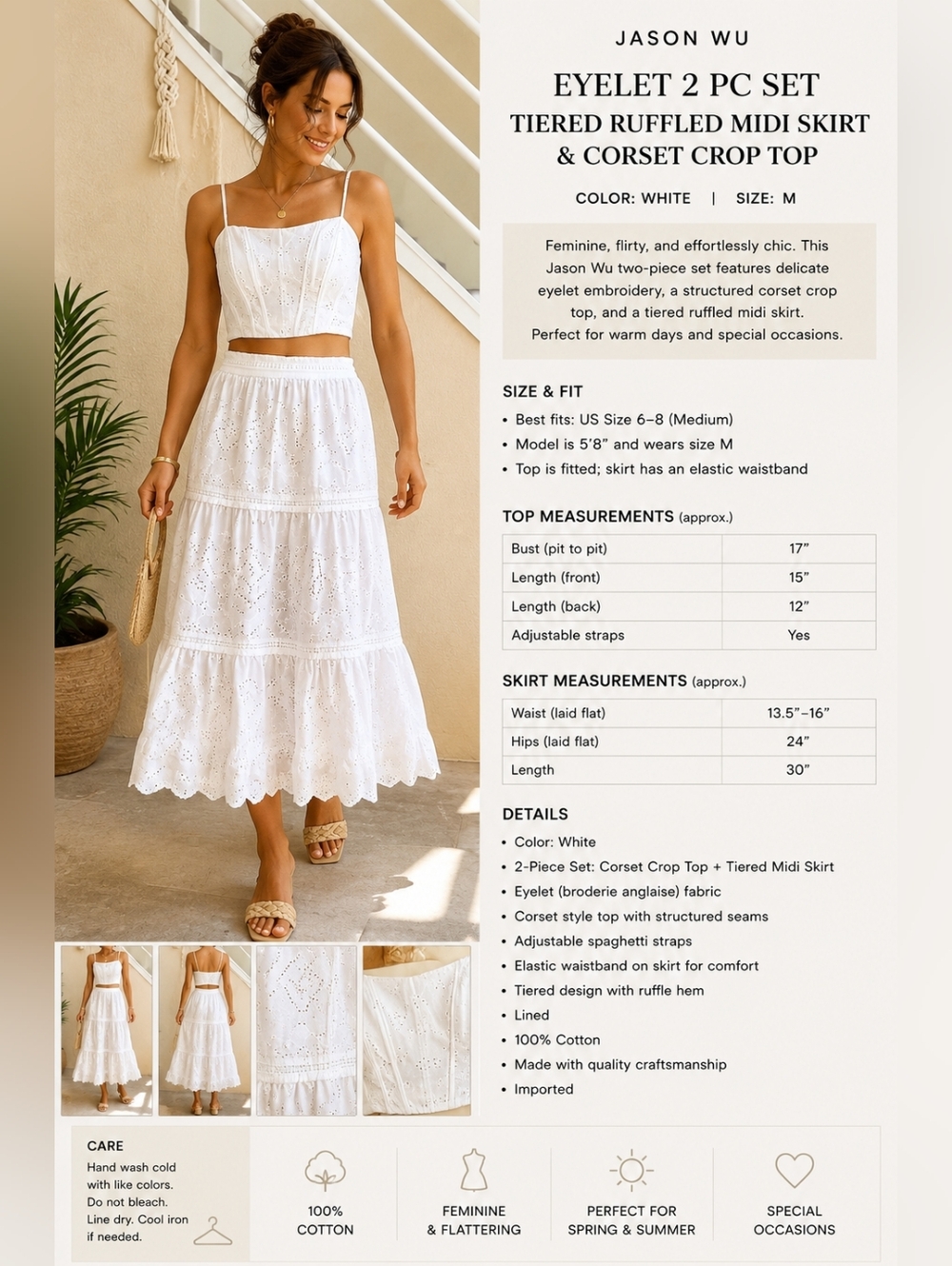 NWT Jason Wu Eyelet 2 Pc Set Tiered Ruffled Midi Skirt & Corset Crop Top White M - Picture 2 of 16